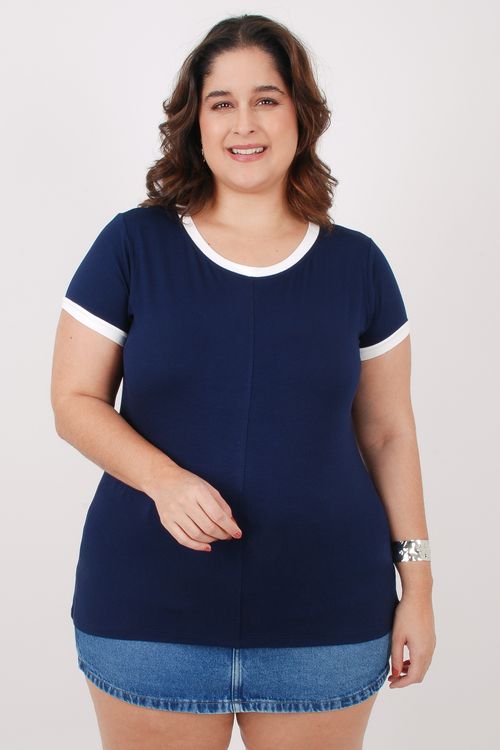 Blusa malha com contraste nos punhos e gola  azul marinho