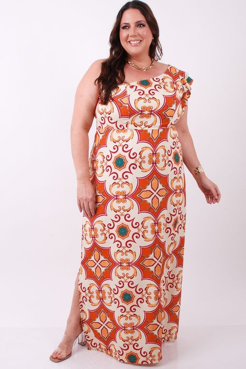 Vestido longo estampado ombro só laranja