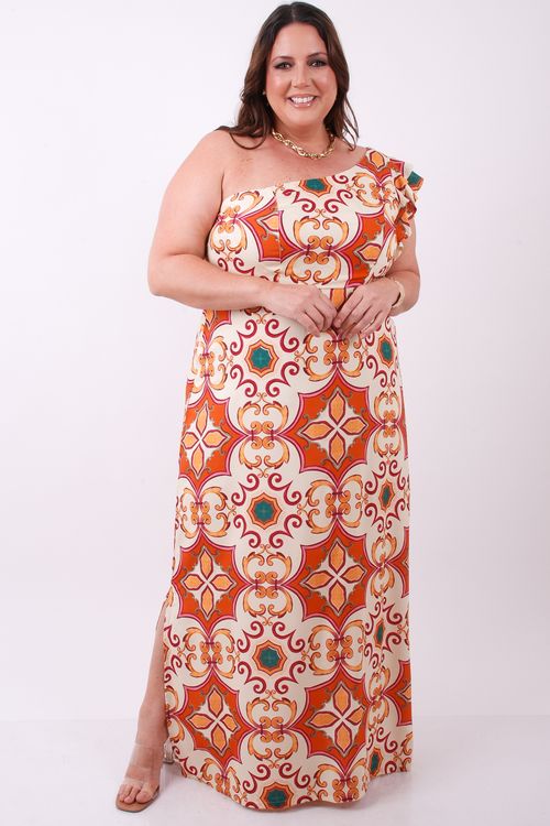 Vestido longo estampado ombro só laranja