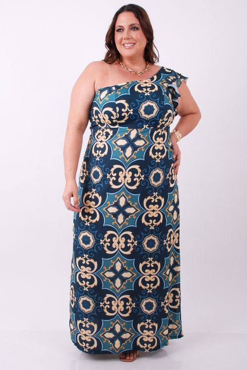 Vestido longo estampado ombro só azul