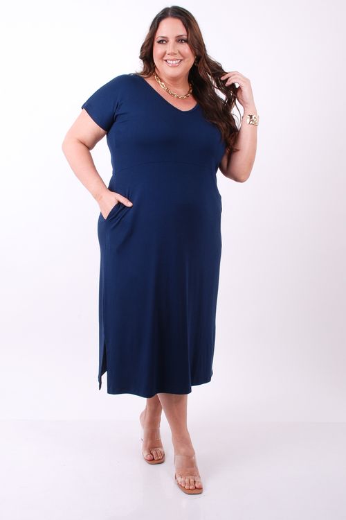 Vestido midi em malha lisa azul marinho