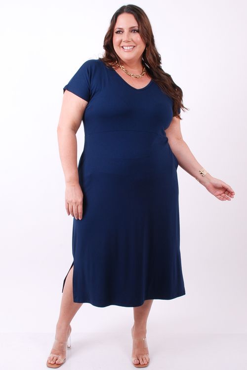 Vestido midi em malha lisa azul marinho