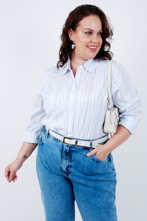 Camisa listrada oversized manga longa azul