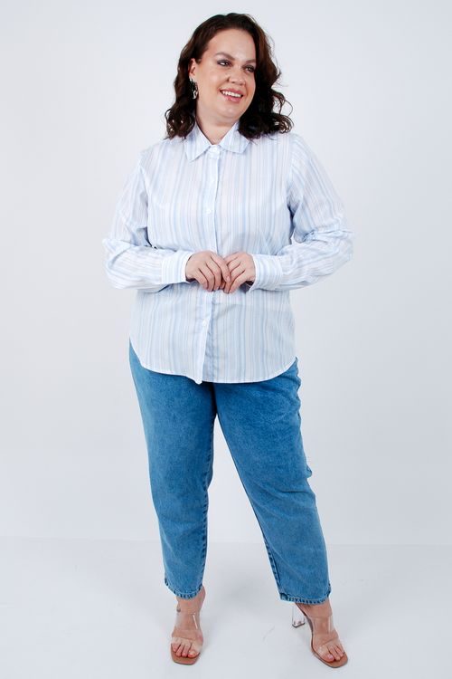 Camisa listrada oversized manga longa azul