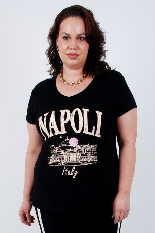 Blusa t-shirt em malha com estampa napoli preto