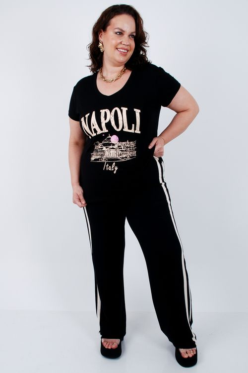 Blusa t-shirt em malha com estampa napoli preto