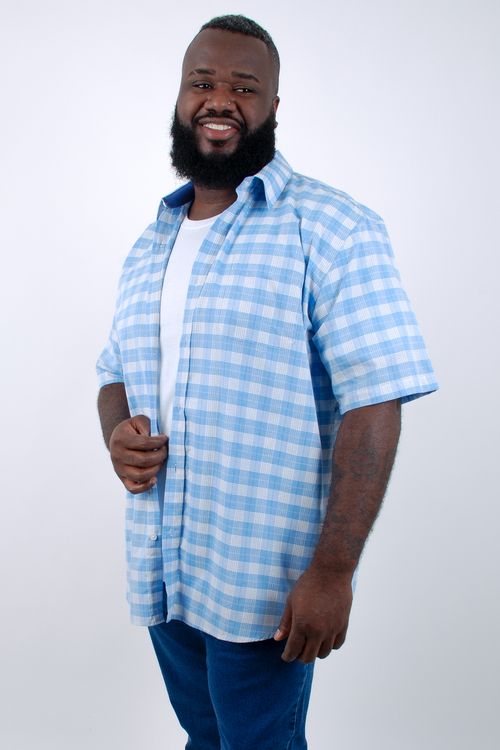 Camisa manga curta masculina tricoline xadrez fio tinto azul
