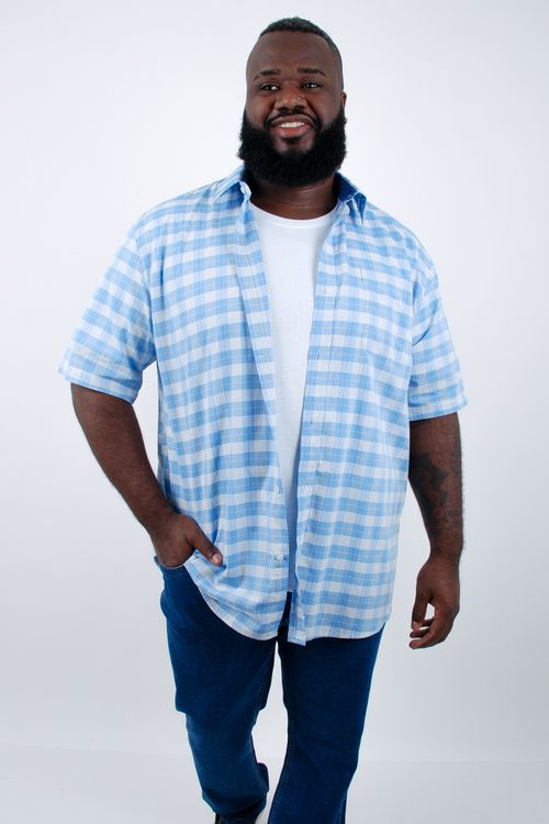 Camisa manga curta masculina tricoline xadrez fio tinto azul