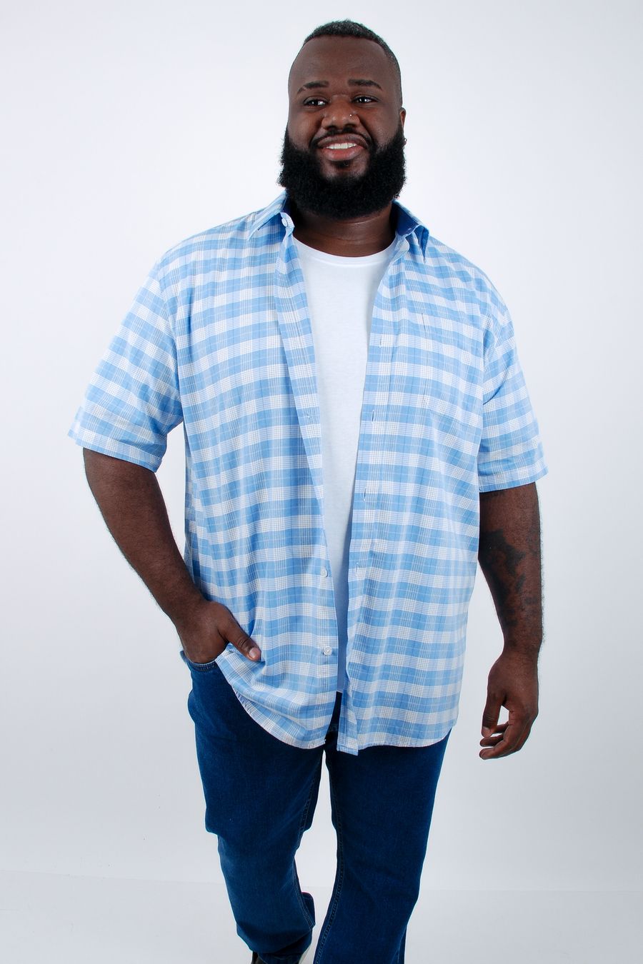 Camisa manga curta masculina tricoline xadrez fio tinto azul