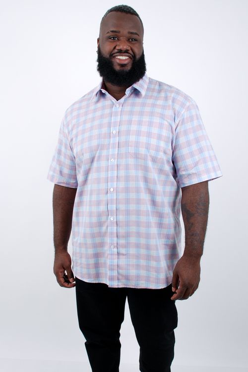 Camisa manga curta masculina tricoline xadrez fio tinto rosa