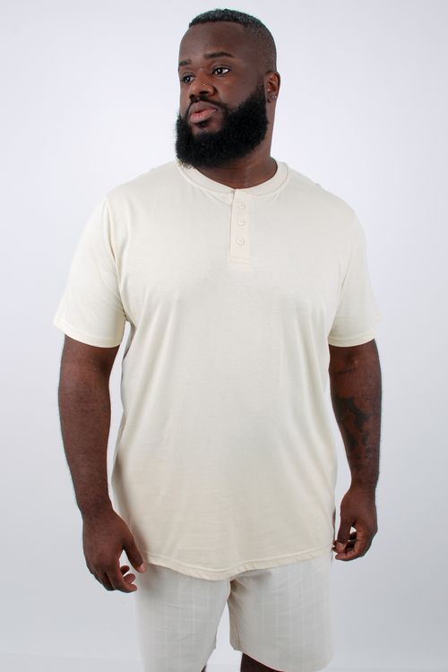 Camiseta manga curta masculina decote careca com botões bege
