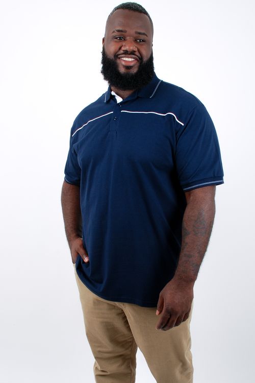 Camisa polo masculina manga curta recorte frente com vivo azul marinho