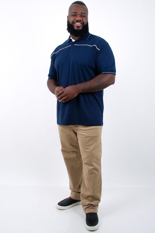 Camisa polo masculina manga curta recorte frente com vivo azul marinho