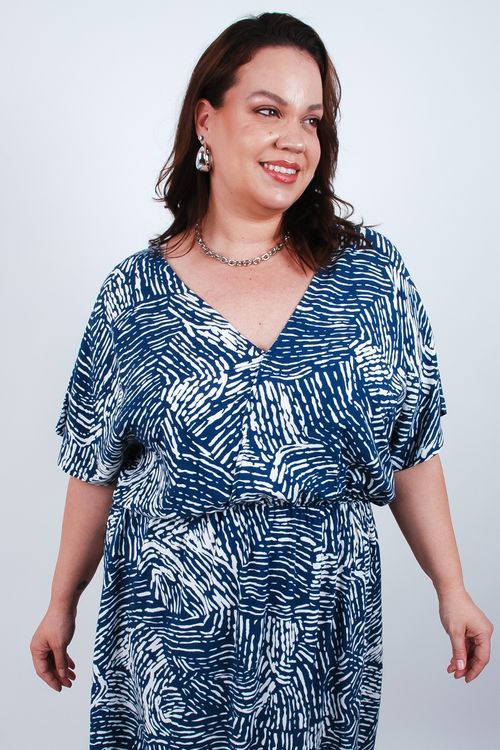 Vestido curto viscose estampada manga e decote v azul