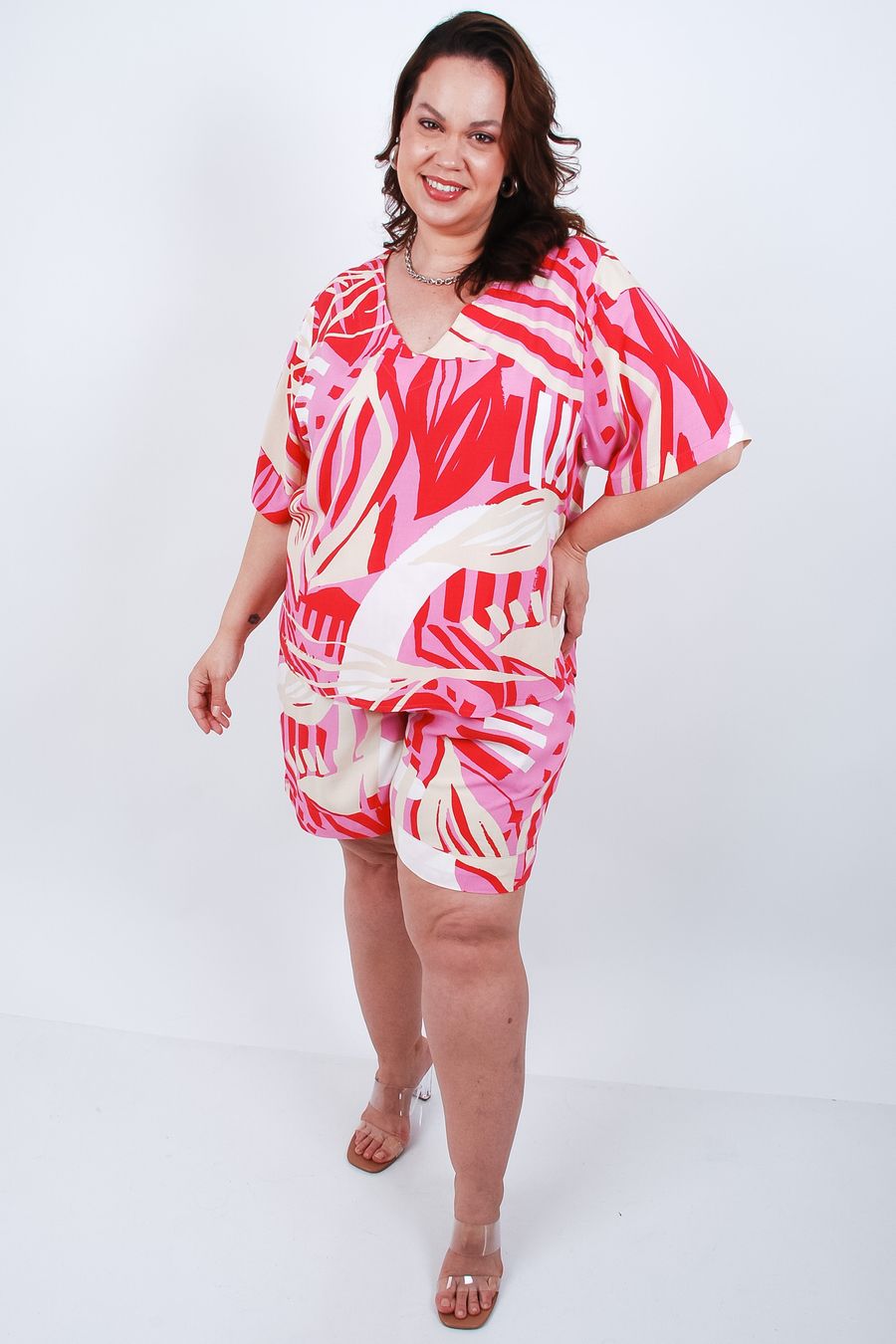 Blusa feminina viscose estampada manga curta rosa