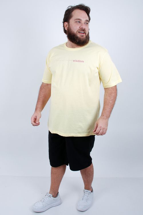 Camiseta manga curta masculina meia malha estampa lettering amarelo