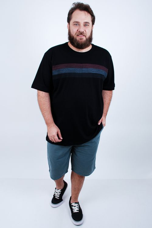 Camiseta manga curta masculina meia malha estampa faixa preto
