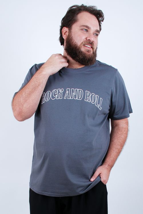 Camiseta masculina meia malha estampa rock cinza chumbo