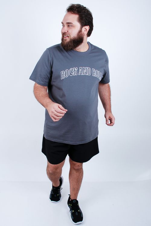Camiseta masculina meia malha estampa rock cinza chumbo