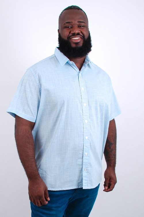 Camisa chambray fio tinto manga curta plus size azul