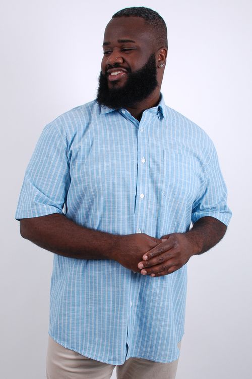 Camisa masculina manga curta listrado fio tinto azul