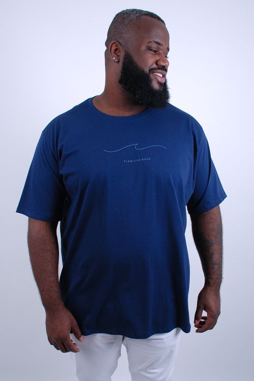 Camiseta masculina meia malha estampa  'wave' azul marinho