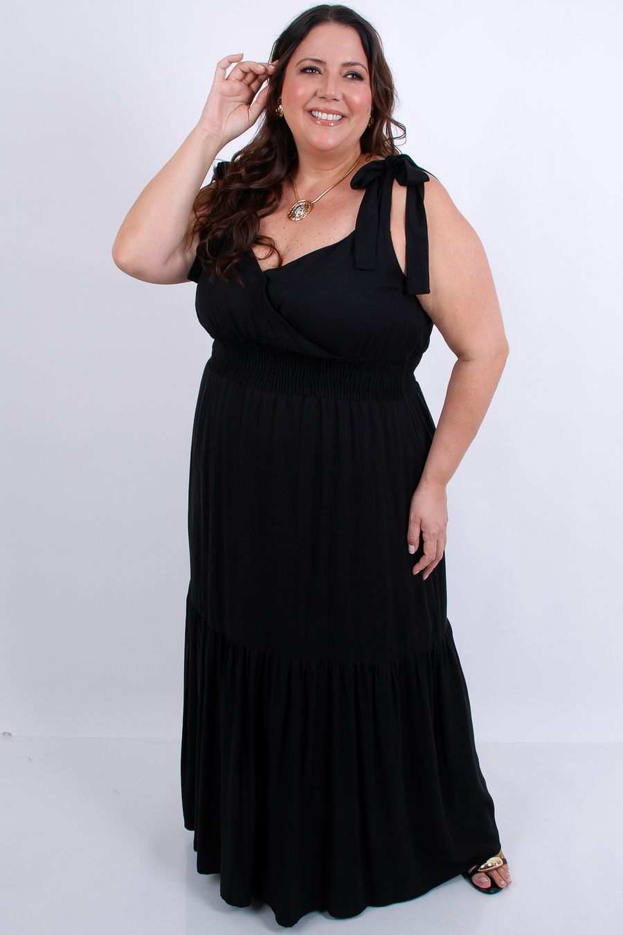 Vestido longo liso de alça regulável preto