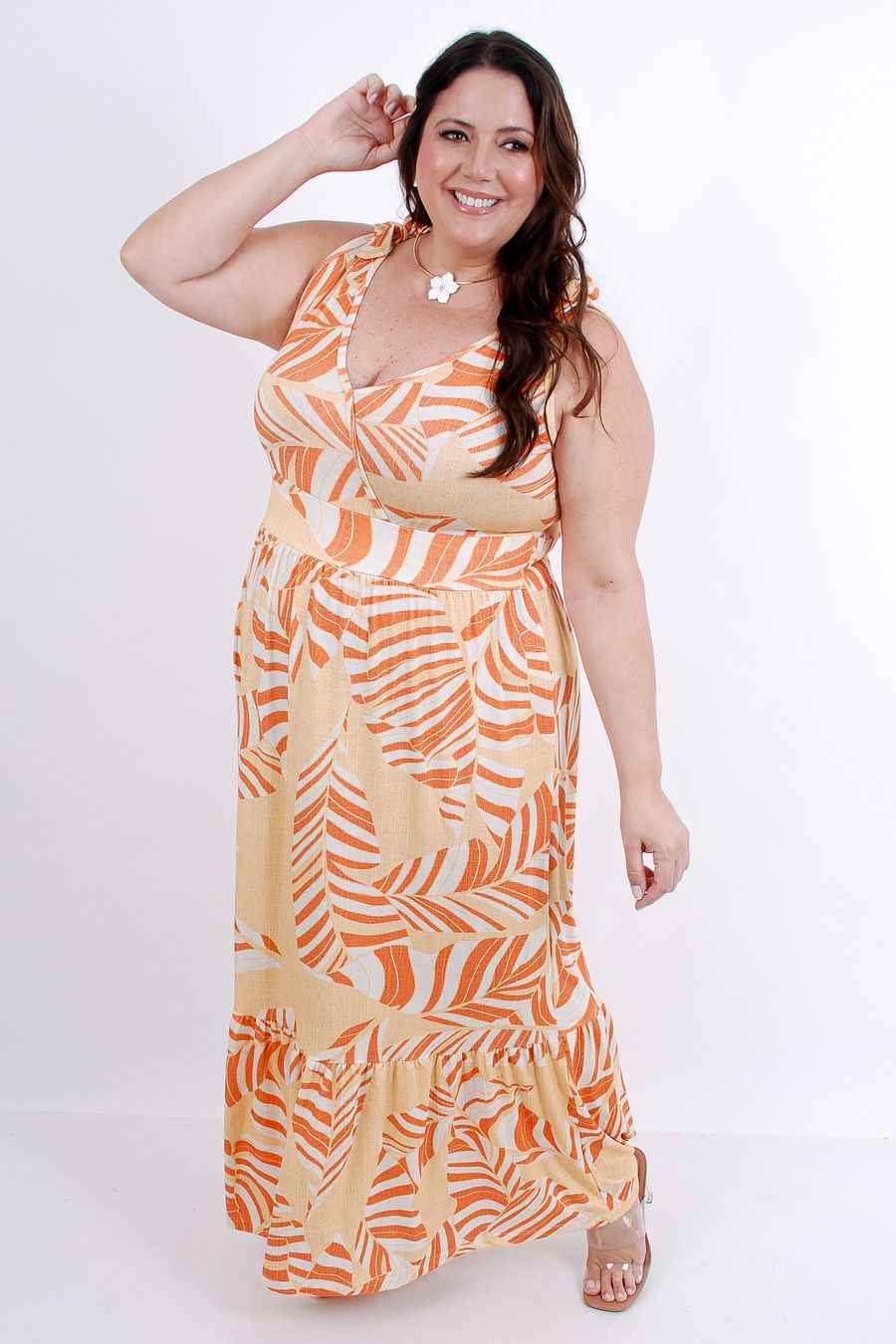 Vestido longo em malha estampada amarelo