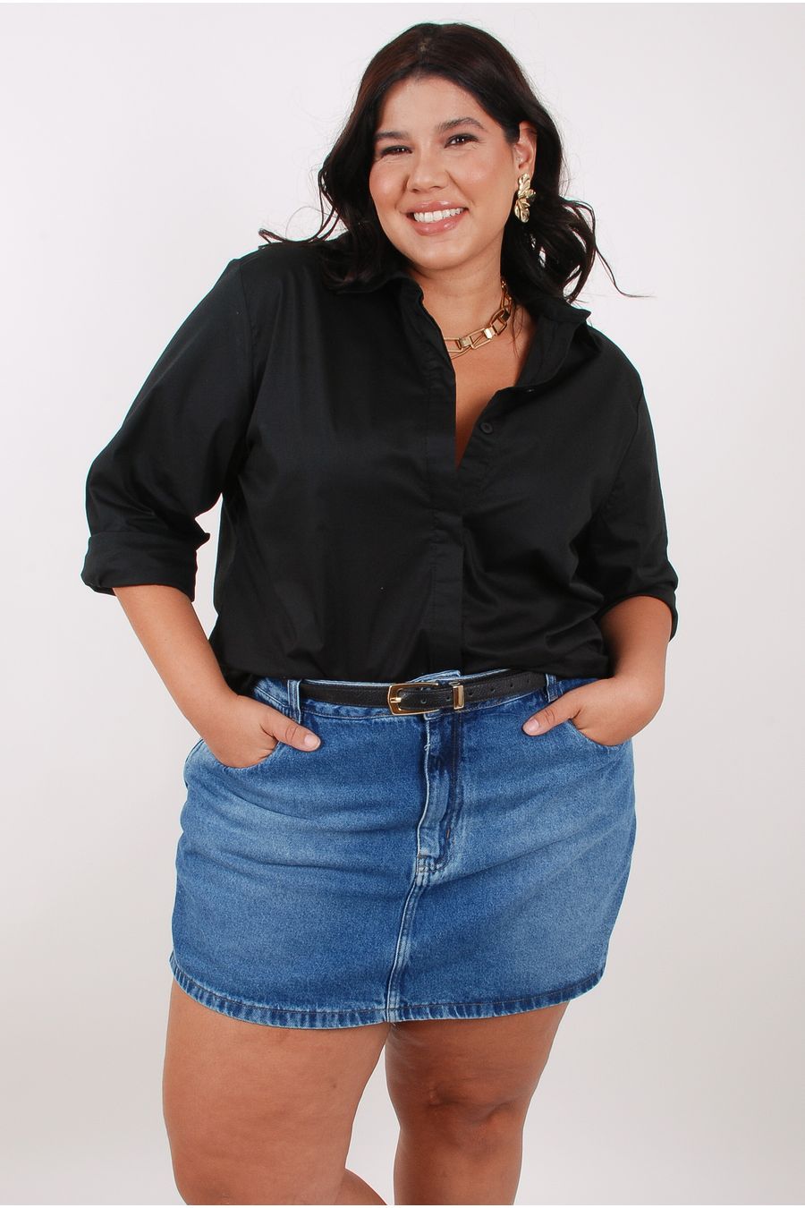 Camisa manga longa tricoline lisa com elastano preto