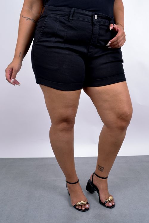 Shorts feminino sarja com elastano barra virada preto