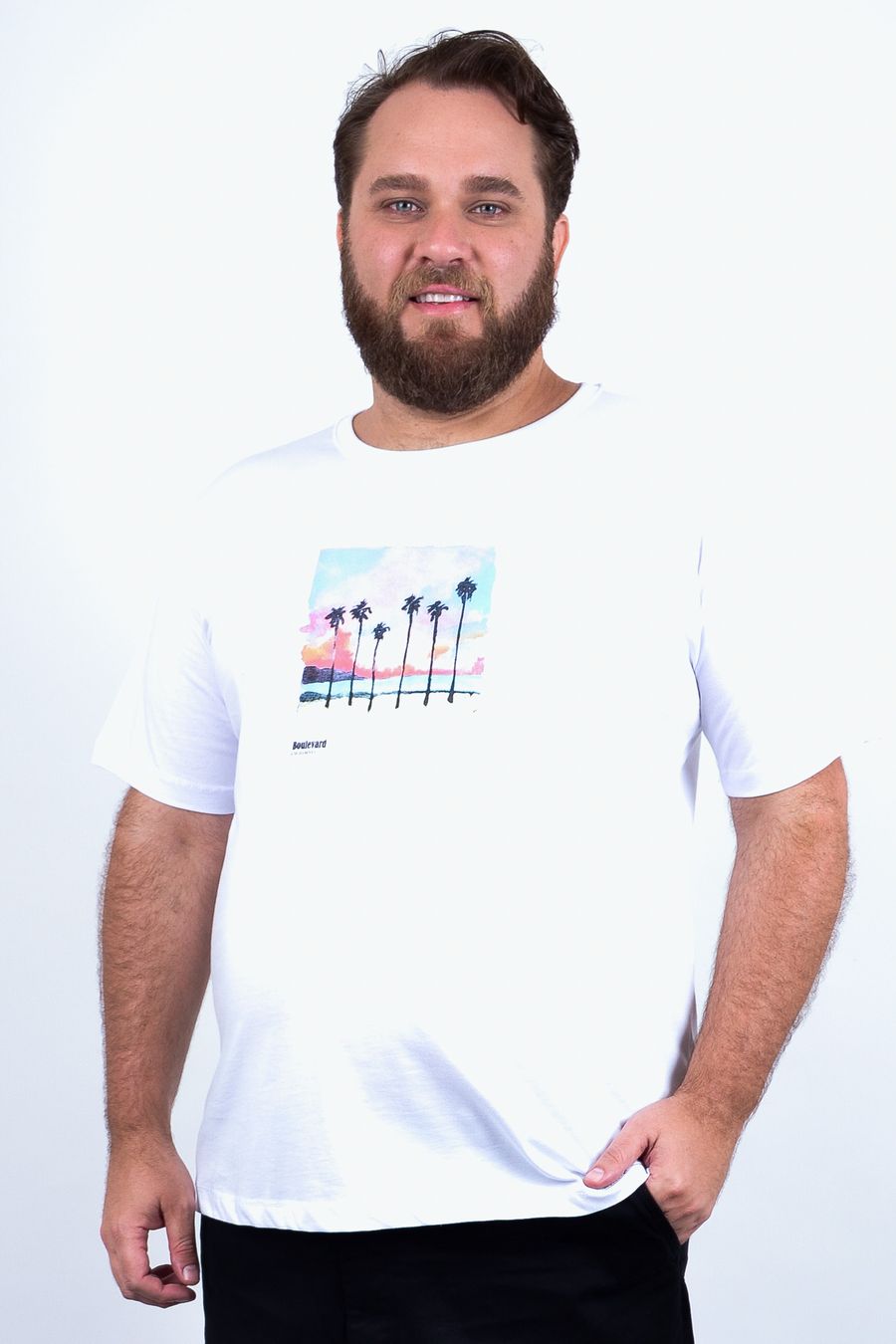 camiseta masculina meia malha com estampa coqueiros branco