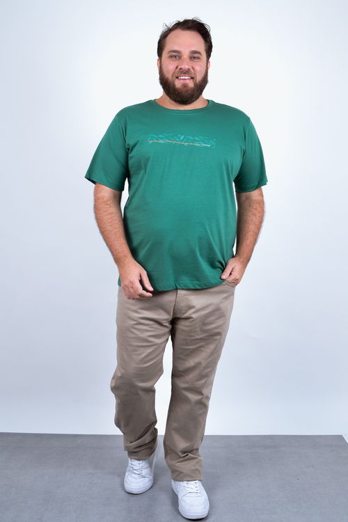 Camiseta masculina meia malha com estampa de folhas verde
