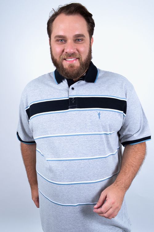 camisa polo malha mescla e listrada cinza