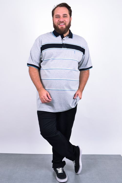 camisa polo malha mescla e listrada cinza