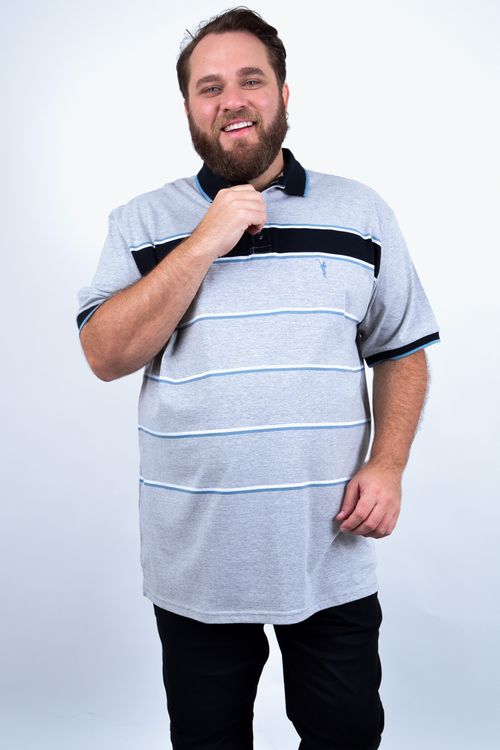 camisa polo malha mescla e listrada cinza