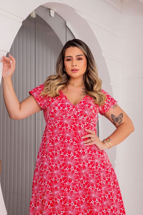 Vestido Longo Laise Recortes Plus Size VERMELHO