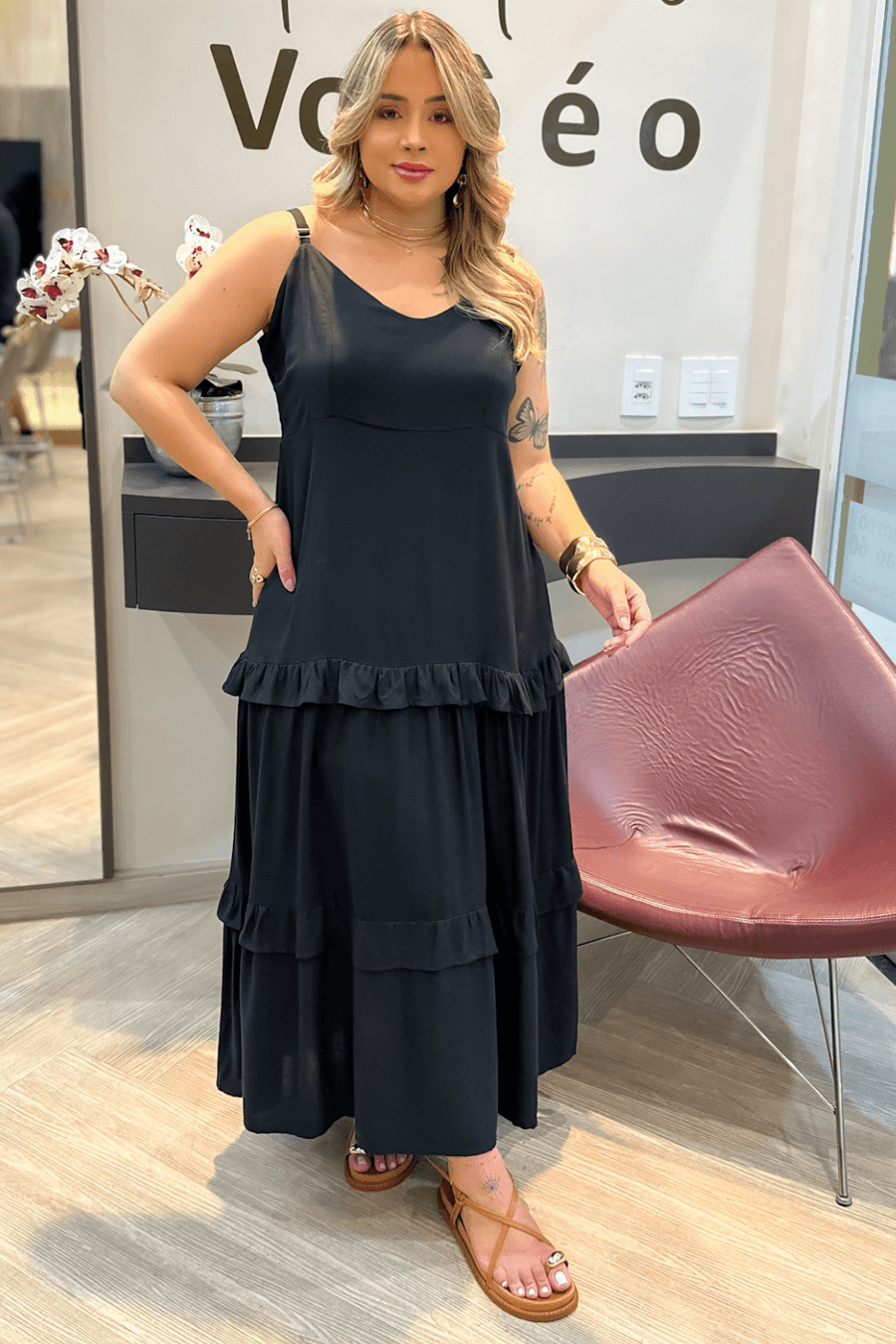 Vestido Longo Babado Emily Plus Size PRETO