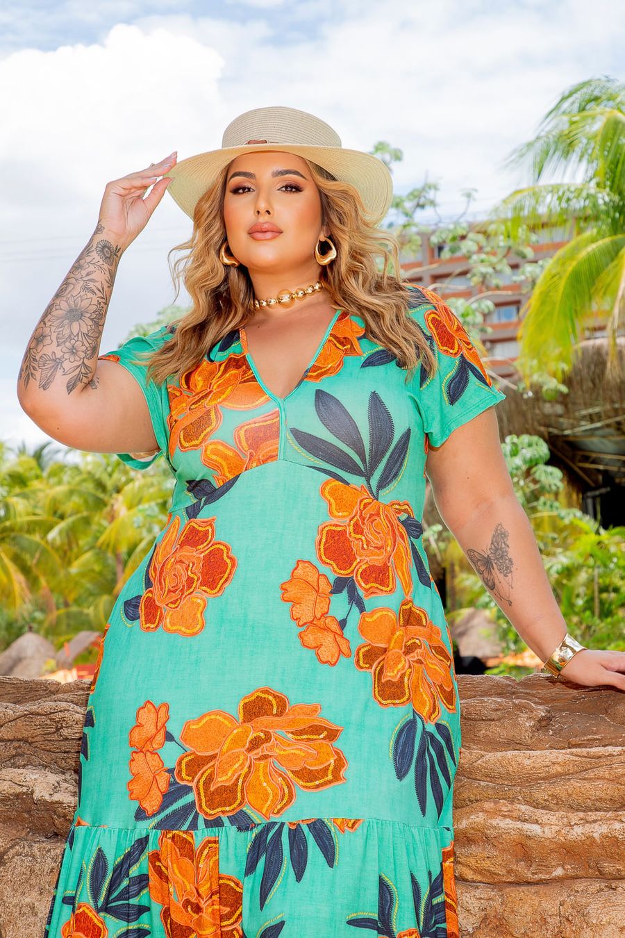 Vestido Longo Malha Giulia Plus Size FUNDO VERDE COM FLORES