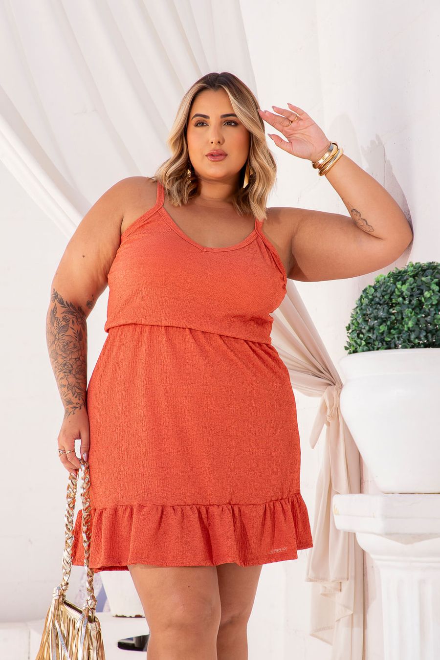 Vestido Curto Malha Mash Plus Size TELHA