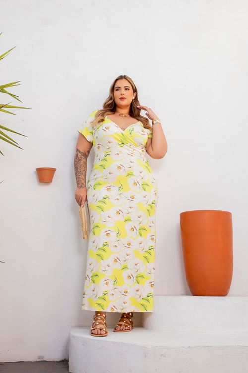 Vestido Transpassado Fiorella Longo Plus Size FUNDO LIMA COM FLORES