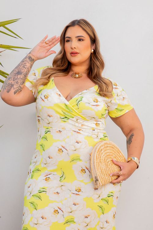 Vestido Transpassado Fiorella Longo Plus Size FUNDO LIMA COM FLORES