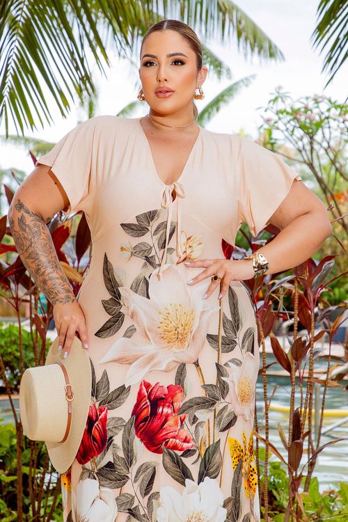 Vestido Longo Gisele Malha Barrado Plus Size FLOR FUNDO BEGE BARRADO