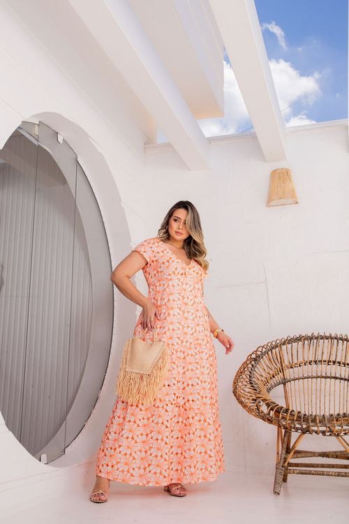 Vestido Longo Laise Recortes Plus Size BRANCO COM LARANJA