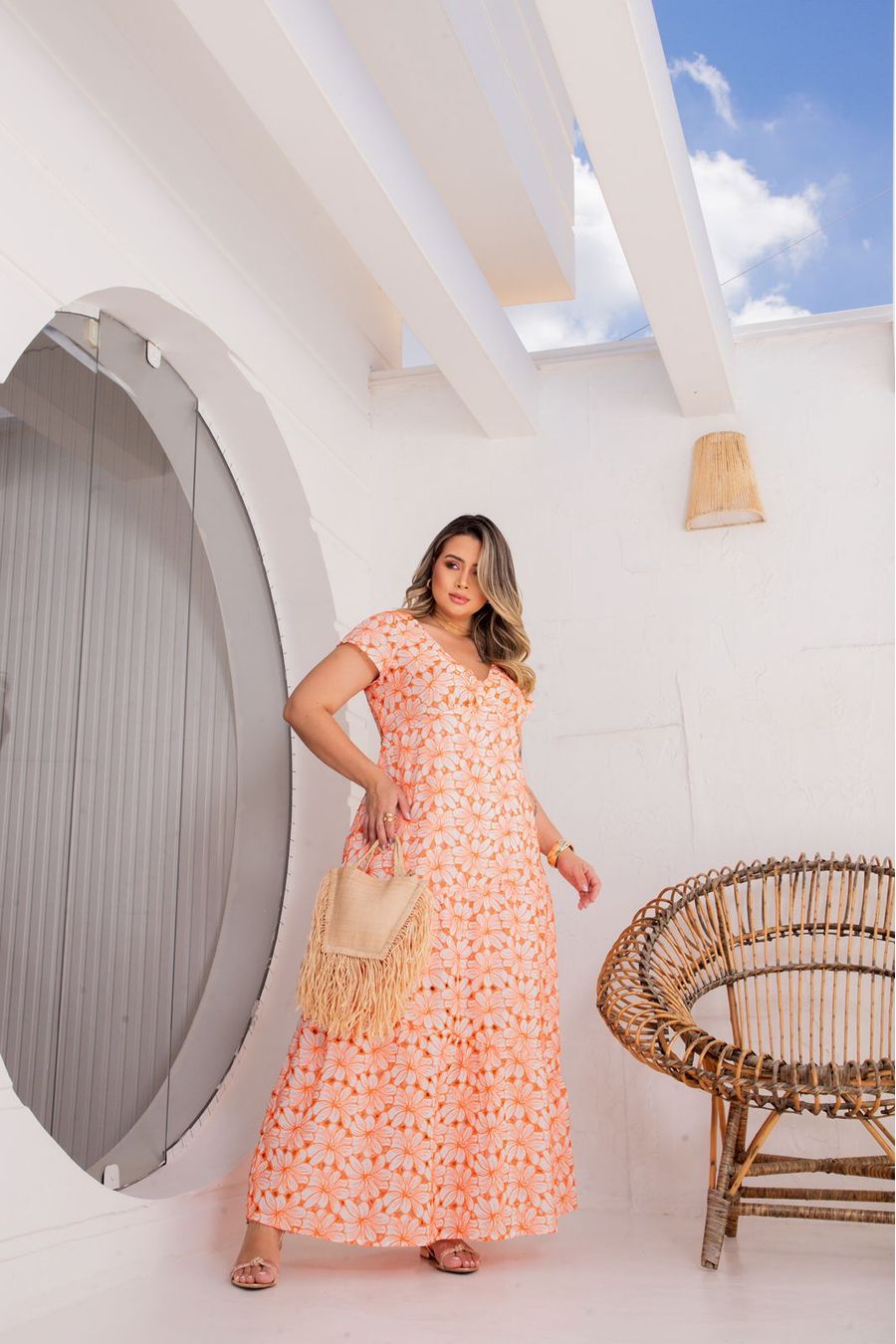 Vestido Longo Laise Recortes Plus Size BRANCO COM LARANJA