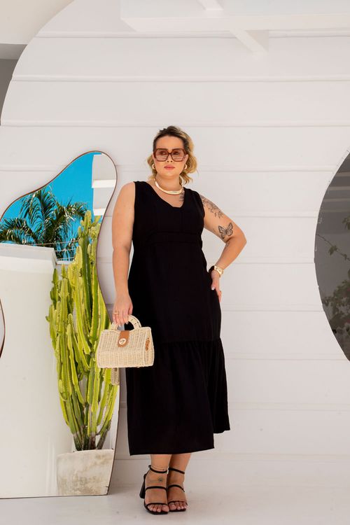 Vestido Midi Aruba Decote Quadrado Plus Size PRETO