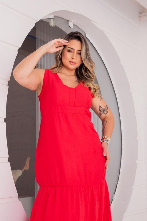 Vestido Midi Aruba Decote Quadrado Plus Size VERMELHO