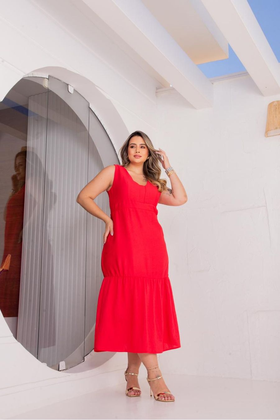Vestido Midi Aruba Decote Quadrado Plus Size VERMELHO