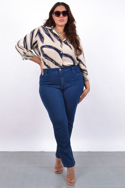Calça reta jeans feminina plus size jeans blue