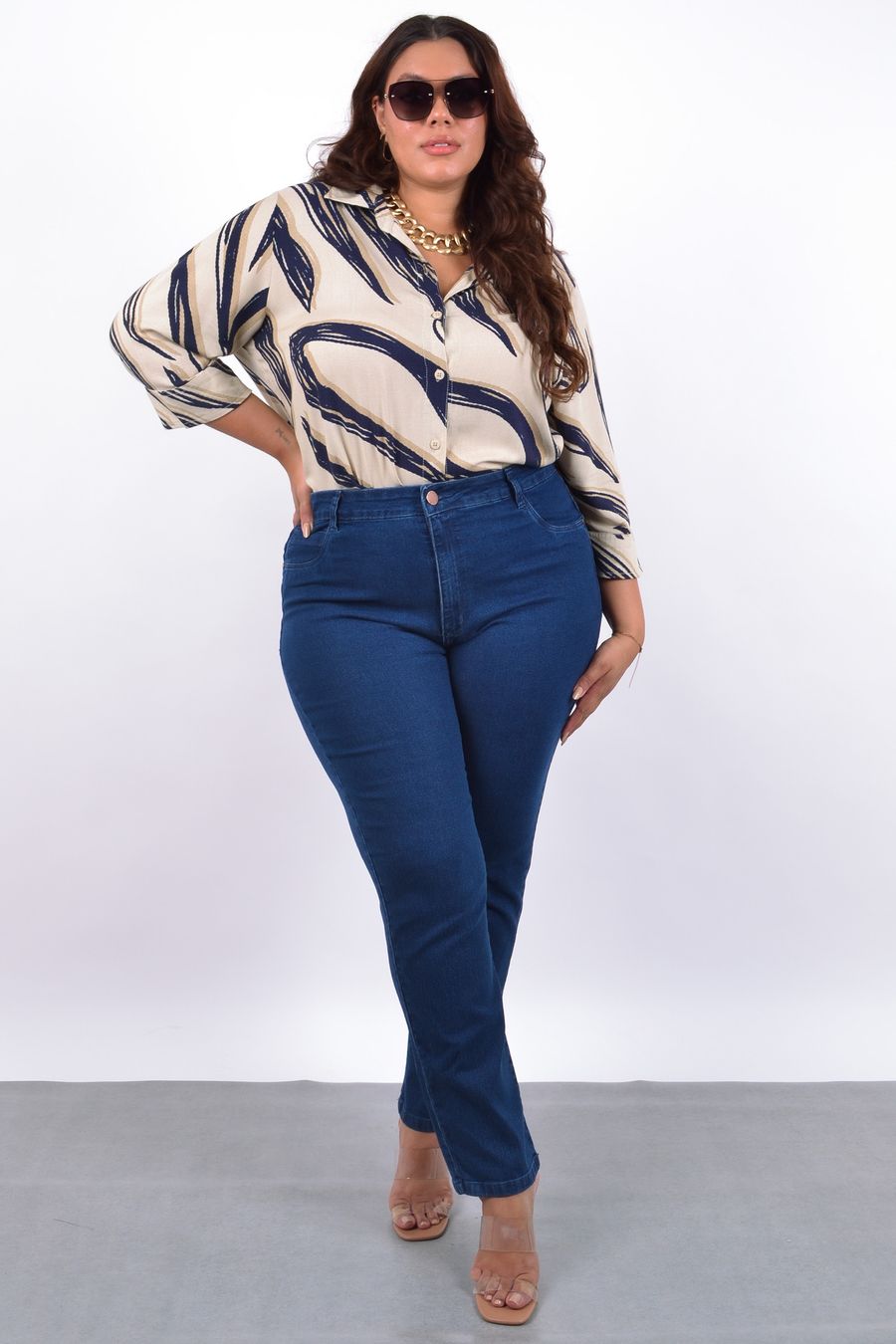 Calça reta jeans feminina plus size jeans blue