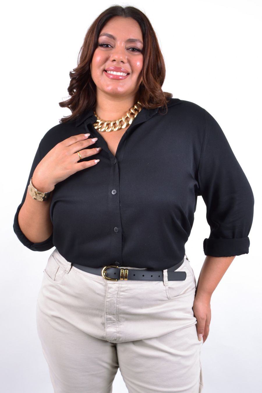 camisa manga longa viscose lisa preto